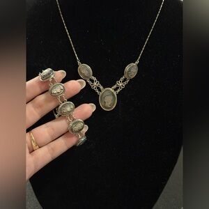 Victorian antique 800 Silver Necklace & Bracelet Set With Mother Of Pearl Cameos